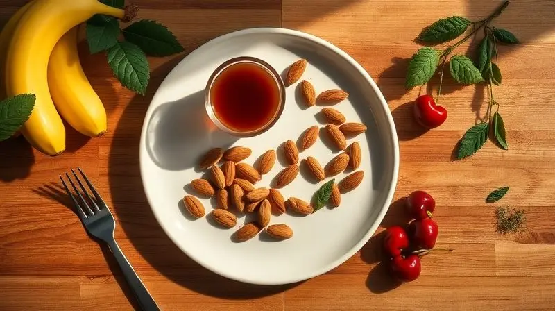 Refeição saudável com alimentos que promovem o sono, como bananas e chá de ervas, para noites tranquilas.