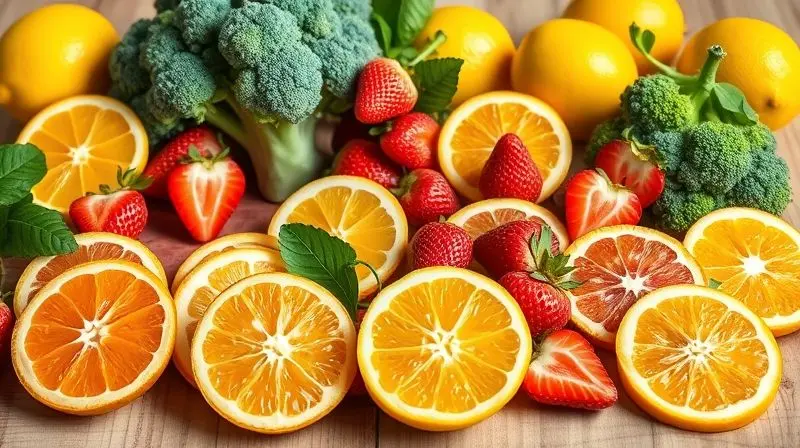 Assortimento de alimentos frescos ricos em vitamina C como laranjas, morangos e brócolis em foto realista.