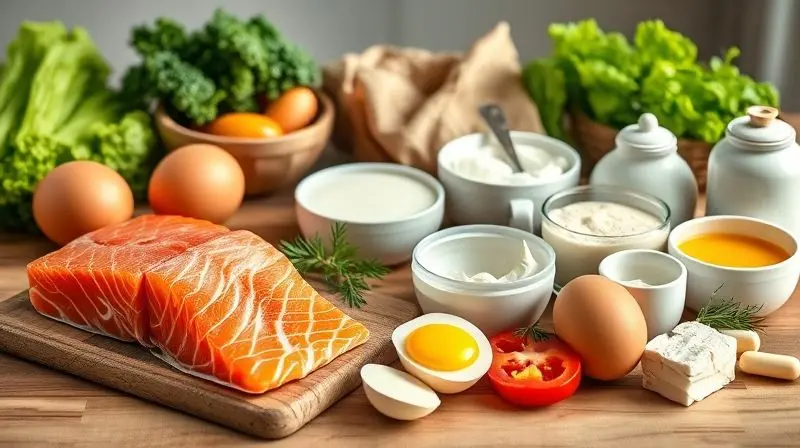 Alimentos naturais ricos em vitamina B12, como salmão e ovos, para dieta de idosos.
