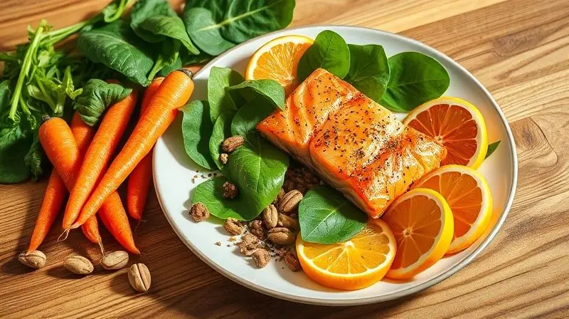 Alimentos nutritivos como cenoura, espinafre e salmão para olhos saudáveis.