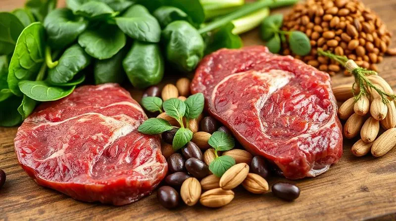Alimentos ricos em ferro: espinafre, carne vermelha e feijão contra anemia.