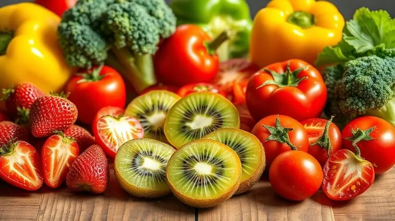 Alimentos naturais ricos em vitamina C como kiwis, morangos e vegetais.