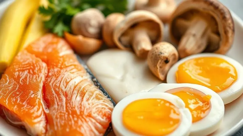 Alimentos ricos em vitamina D como peixes e ovos para nutrir ossos.