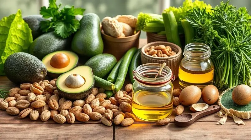 Alimentos ricos em vitamina E como abacate, nozes e vegetais para dieta equilibrada.