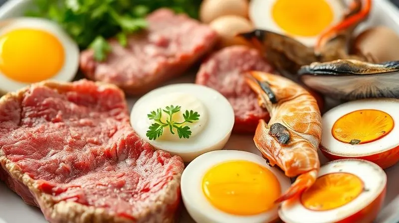 Alimentos fontes de vitamina B12 como carne magra, ovos e frutos do mar para homens maduros.
