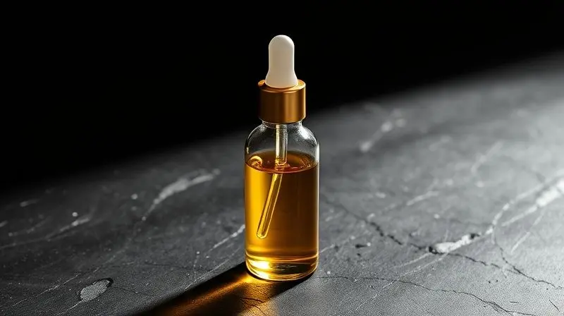 Uma ampola de vidro com um extrato líquido dourado, simbolizando um tratamento intensivo contra a queda capilar.