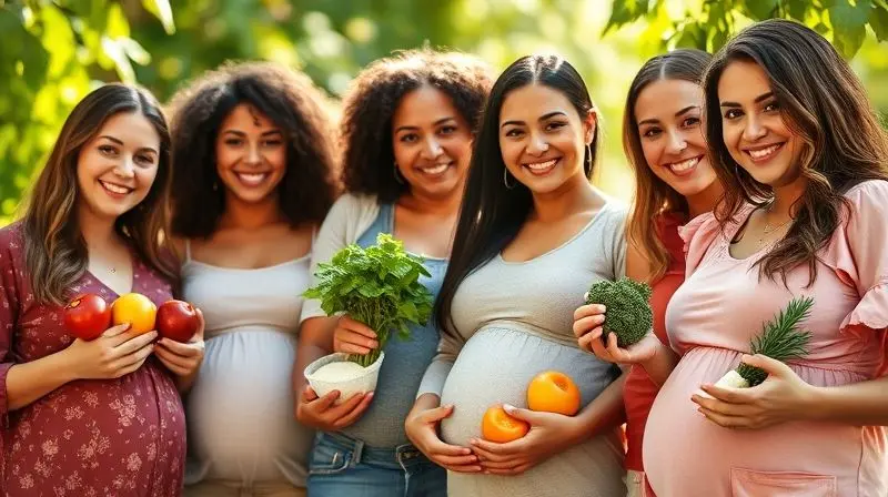 Mulheres grávidas felizes consumindo alimentos nutritivos, ilustrando benefícios do suplemento Materna para a saúde.