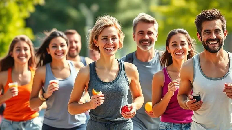 Grupo de adultos saudáveis praticando atividades diárias com energia vital de multivitamínicos.