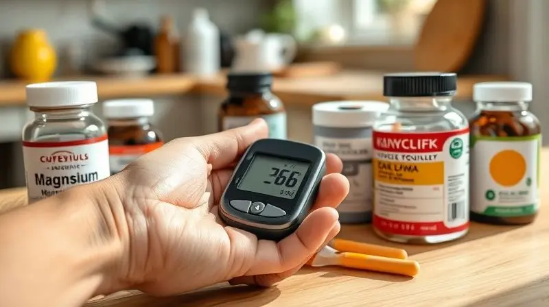 Pessoa verificando glicemia estável com suplementos para diabetes ao lado, promovendo benefícios no controle da doença.