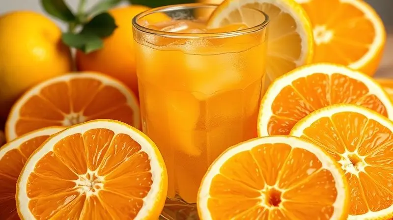 Frutas cítricas frescas e bebida efervescente de vitamina C, ilustrando benefícios para imunidade e saúde.