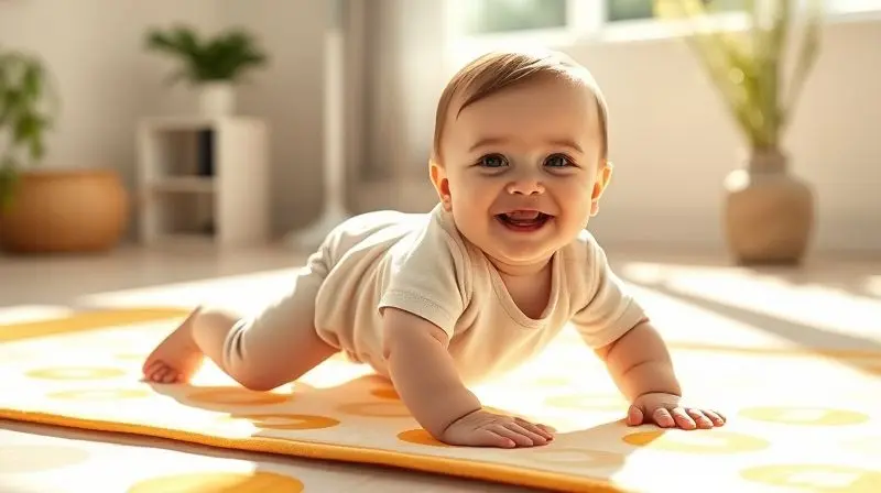 Bebê saudável brincando ao sol, ilustrando benefícios da vitamina D para ossos e imunidade infantil.