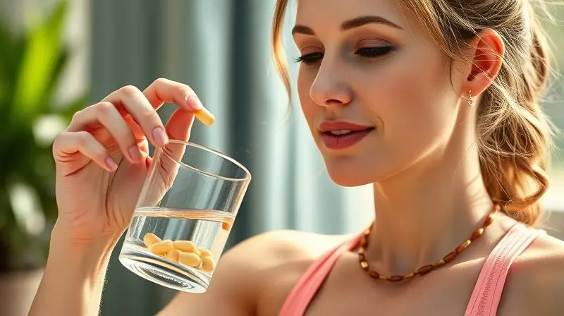 Mulher ativa consumindo vitamina para benefícios de saúde e bem-estar diário.