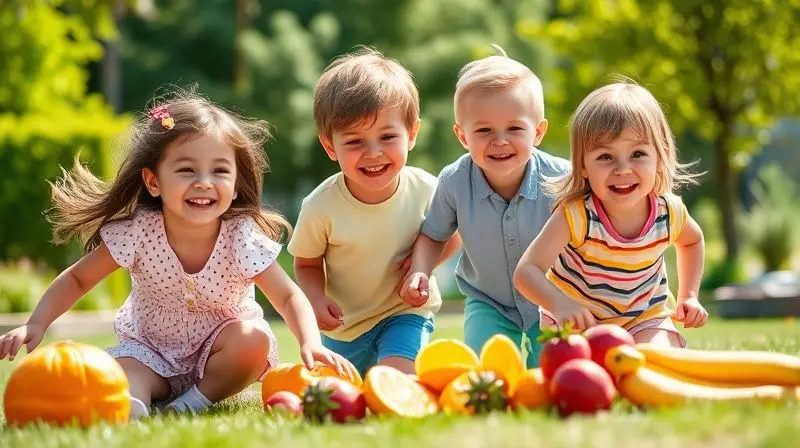 Crianças saudáveis e ativas beneficiadas por vitaminas infantis diárias.