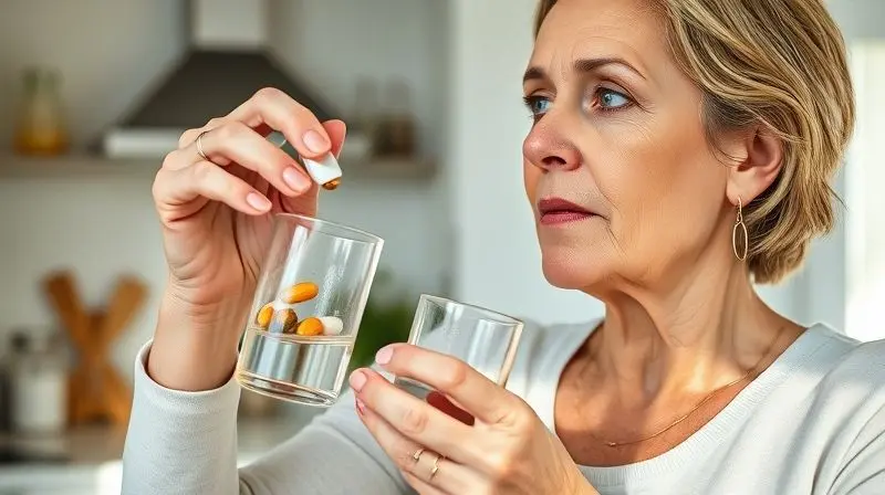 Mulher madura suplementando vitaminas para saúde e rejuvenescimento da pele.