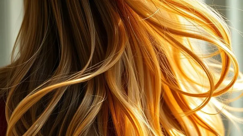 Cabelos femininos longos e saudáveis, com volume e brilho, capturados com um efeito de movimento suave e luz natural.