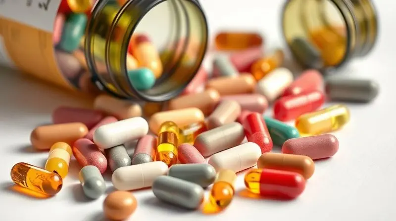 Cápsulas de vitaminas coloridas saindo de frasco, ilustrando características principais de suplemento para mulheres.