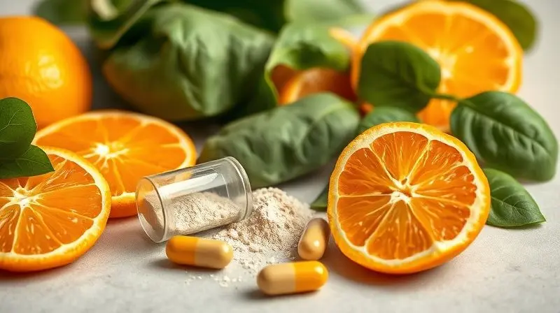 Cápsula de suplemento de ferro e vitamina C cortada, com frutas e vegetais que auxiliam na absorção.