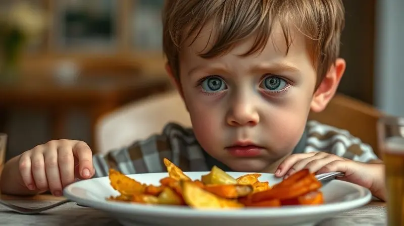 Criança com falta de apetite na mesa de jantar, expressão preocupada e comida intacta.