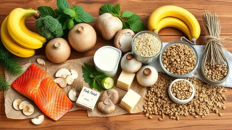 Alimentos variados representando os cinco nutrientes essenciais para a saúde masculina após os 50 anos.