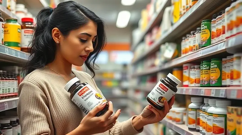 Mulher escolhendo multivitamínico ideal: análise de rótulos e opções de suplementos.