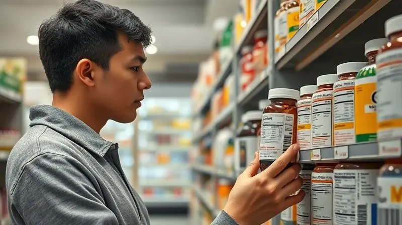 Pessoa analisando rótulos de multivitamínicos em farmácia para escolha informada.