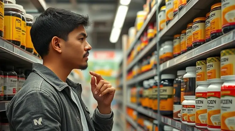 Pessoa escolhendo suplementos para engordar em loja especializada, foco em análise de produtos.