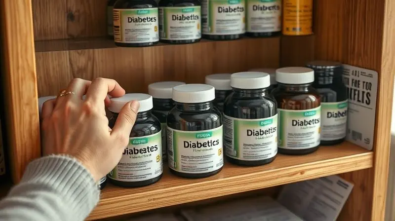 Mãos selecionando suplementos adequados para diabéticos, guiando na escolha e uso correto para saúde.