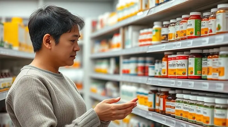 Pai ou mãe escolhendo vitamina para apetite no supermercado, cena realista de seleção de suplementos.