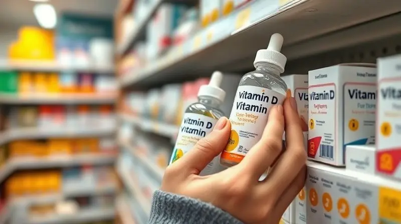 Mão de pai escolhendo vitamina D para bebê em farmácia, dicas para seleção do suplemento ideal.