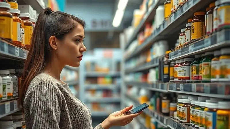 Mulher selecionando a melhor vitamina pré-natal em farmácia, dicas para escolha ideal.