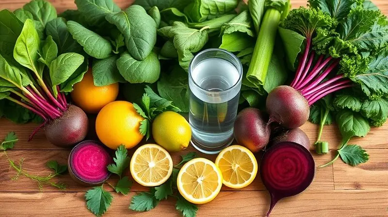 Alimentos frescos e saudáveis como vegetais e frutas para preservar a saúde do fígado.