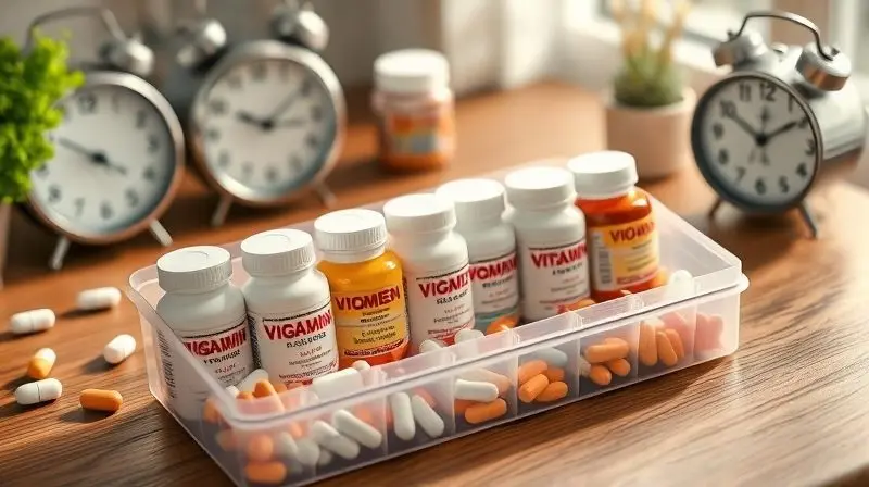 Organizador de pílulas mostrando como tomar vitamina no melhor horário do dia.