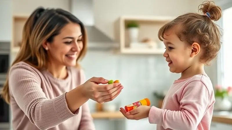 Pai administrando multivitamínico mastigável a criança em ambiente familiar seguro.
