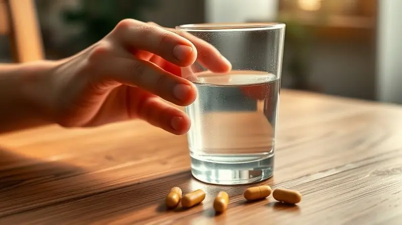 Mão segurando copo d'água ao lado de cápsula de suplemento vitamínico para uso correto.