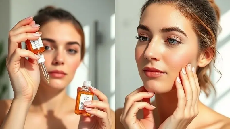 Aplicação correta de sérum vitamina C com ácido hialurônico na rotina de cuidados com a pele.