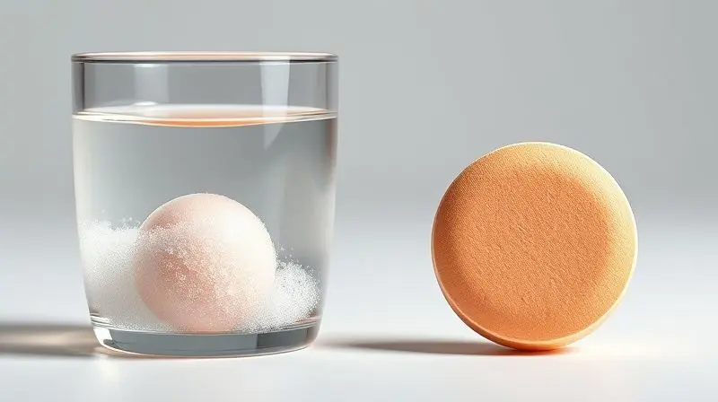 Comparação entre vitamina C efervescente em água e comprimido sólido, destacando diferenças de absorção.