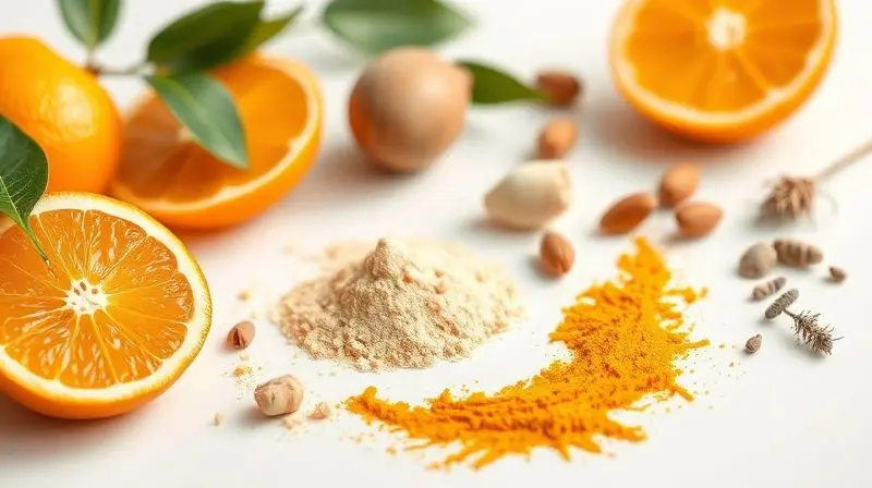 Ingredientes ativos naturais como vitamina C e extratos botânicos para sérum facial iluminador.