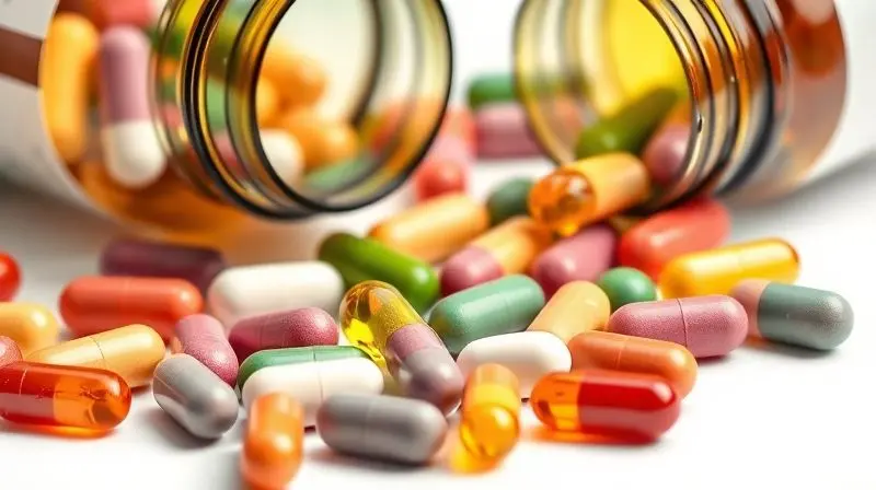 Composição de multivitamínico infantil com vitaminas coloridas e líquidas para suplementação.