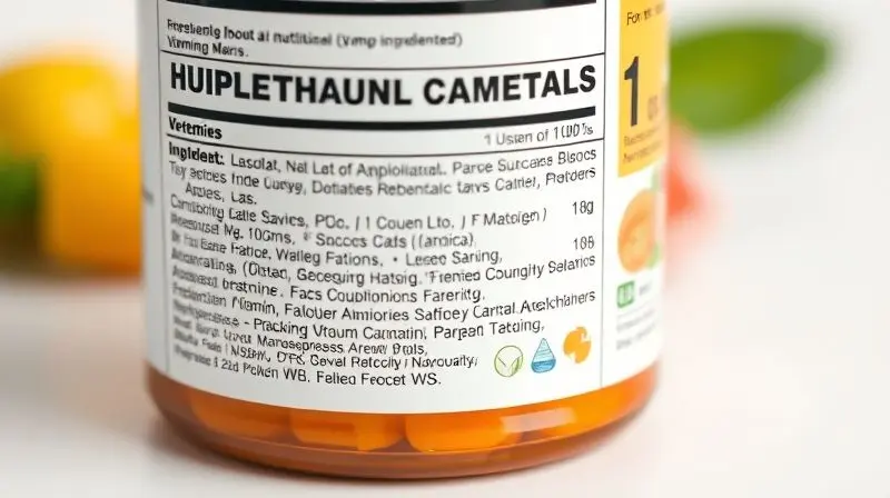 Rótulo de suplemento nutricional com composição de vitaminas essenciais para saúde da mulher.