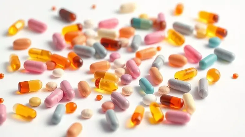 Composição de vitaminas e minerais do suplemento Materna, cápsulas coloridas em arranjo fotográfico profissional.
