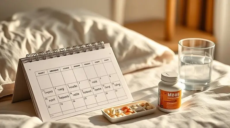 Calendário e organizador de vitaminas pré-natais, ilustrando cuidados e horários de ingestão na gestação.