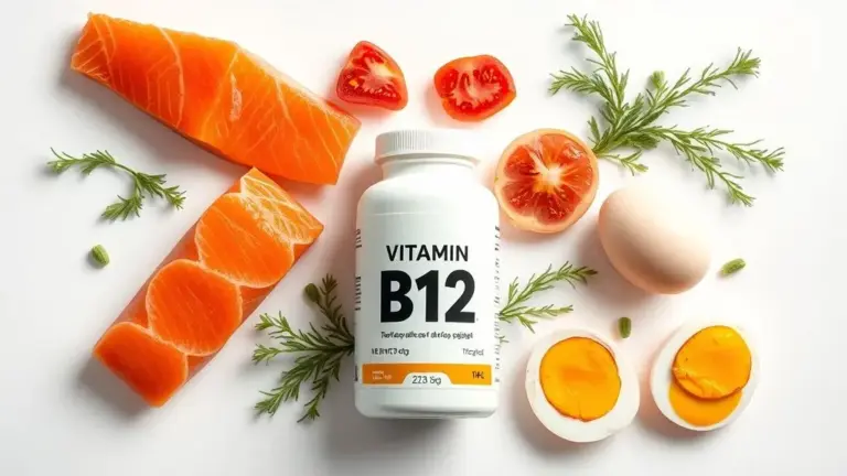 Garrafa de suplemento de vitamina B12 sem marca, com alimentos ricos como salmão e ovos, e fios de cabelo saudável, ilustrando tratamento para queda de cabelo.
