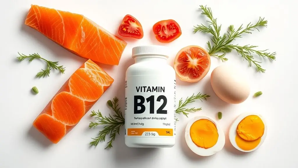 Garrafa de suplemento de vitamina B12 sem marca, com alimentos ricos como salmão e ovos, e fios de cabelo saudável, ilustrando tratamento para queda de cabelo.