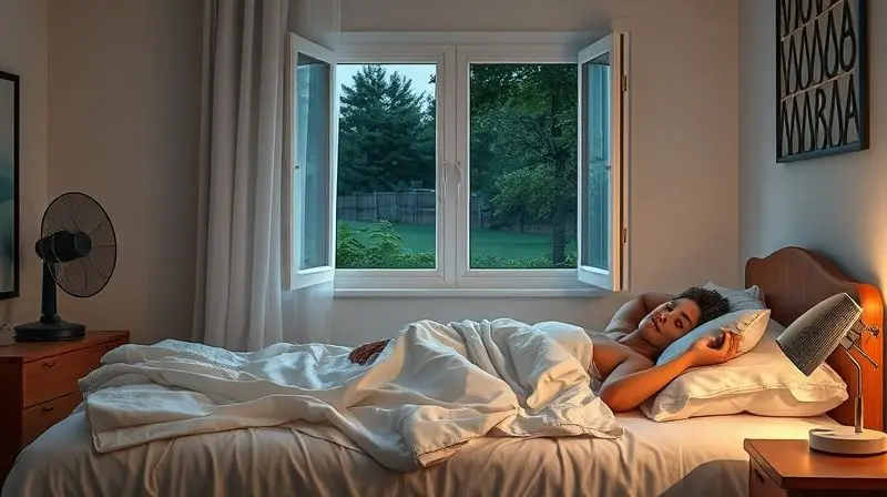 Quarto fresco com ventilador e lençóis leves para dormir melhor durante noites quentes de verão.