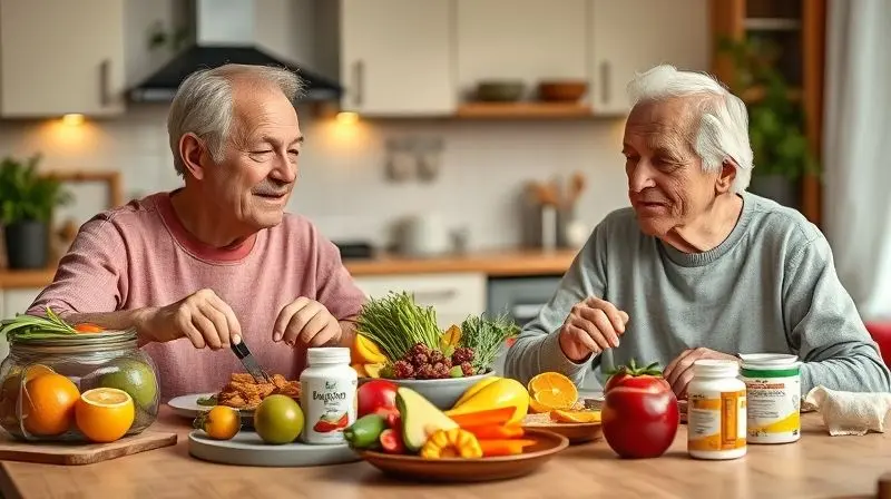 Idosos combinando dieta equilibrada com suplementos vitamínicos para saúde otimizada.