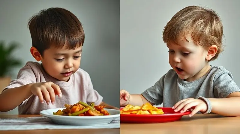 Diferença entre fome e apetite em crianças, ilustração conceitual de reações à comida.