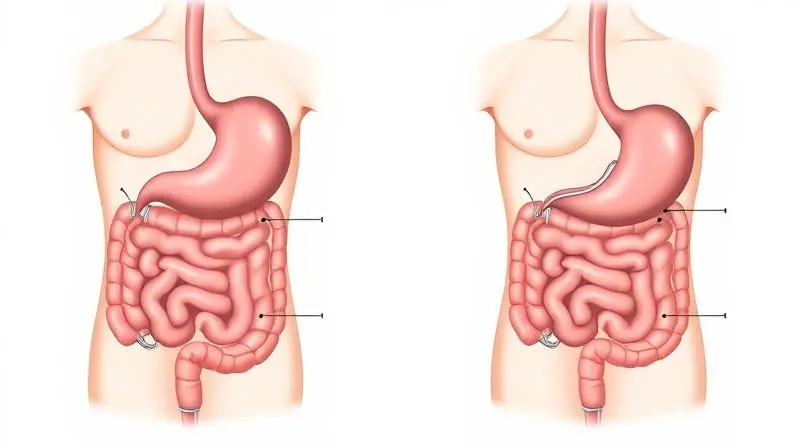 Comparação visual entre bypass gástrico e sleeve gastrectomia, procedimentos cirúrgicos bariátricos.
