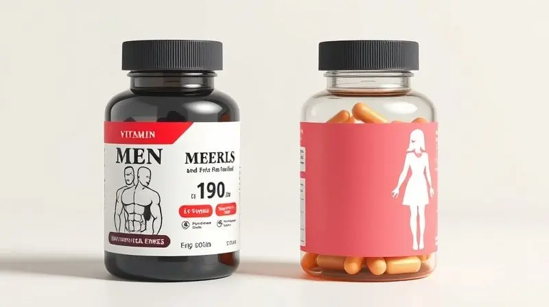 Diferenças visuais entre vitaminas para homens e mulheres, focando em necessidades específicas de saúde.