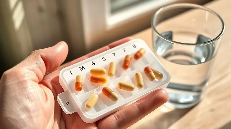 Mão administrando dosagem diária de vitamina D3 com copo de água.