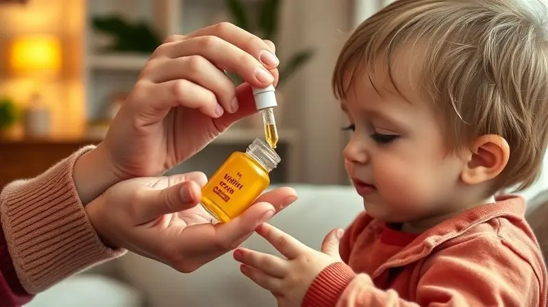 Pais administrando dosagem correta de vitamina infantil com cuidado.